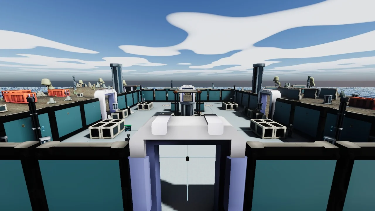 The teal and white coastal arena in a Glasswake development build.