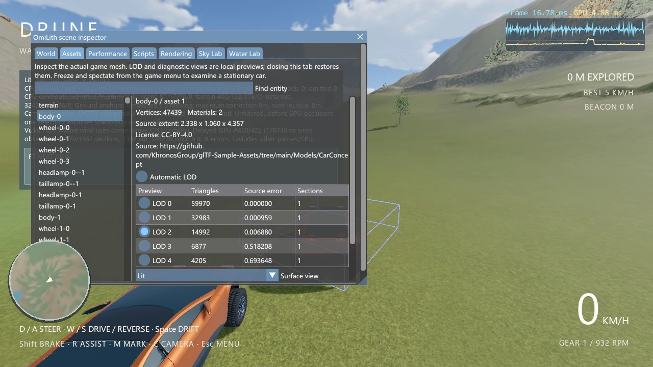 The running Drune game inspecting its cooked car asset and stored detail levels.