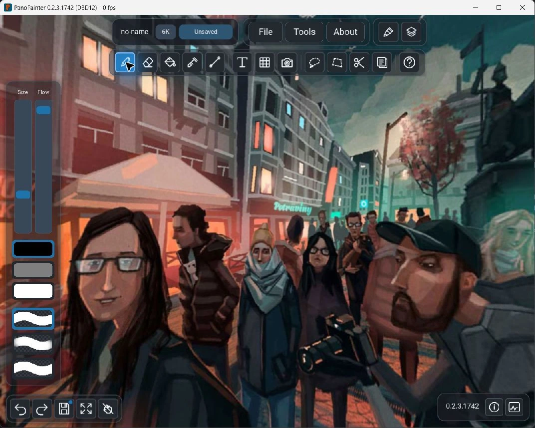 Current Windows PanoPainter app showing its painting tools around a view into the Prague panorama.